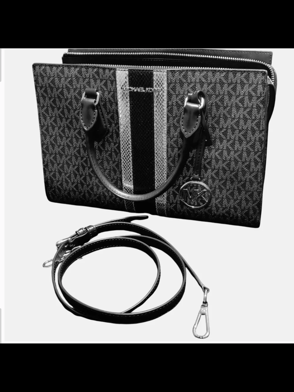Michael Kors Black and Silver Monogram Sheila medium Bag with center Stripe